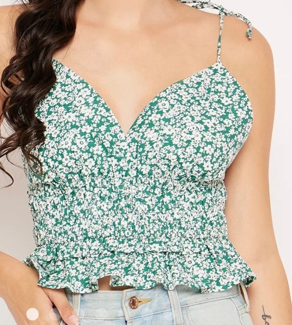 Sim & Sam Shady Green White XL Ditsy Poplin Smocked Waist Cottagecore Tank Top